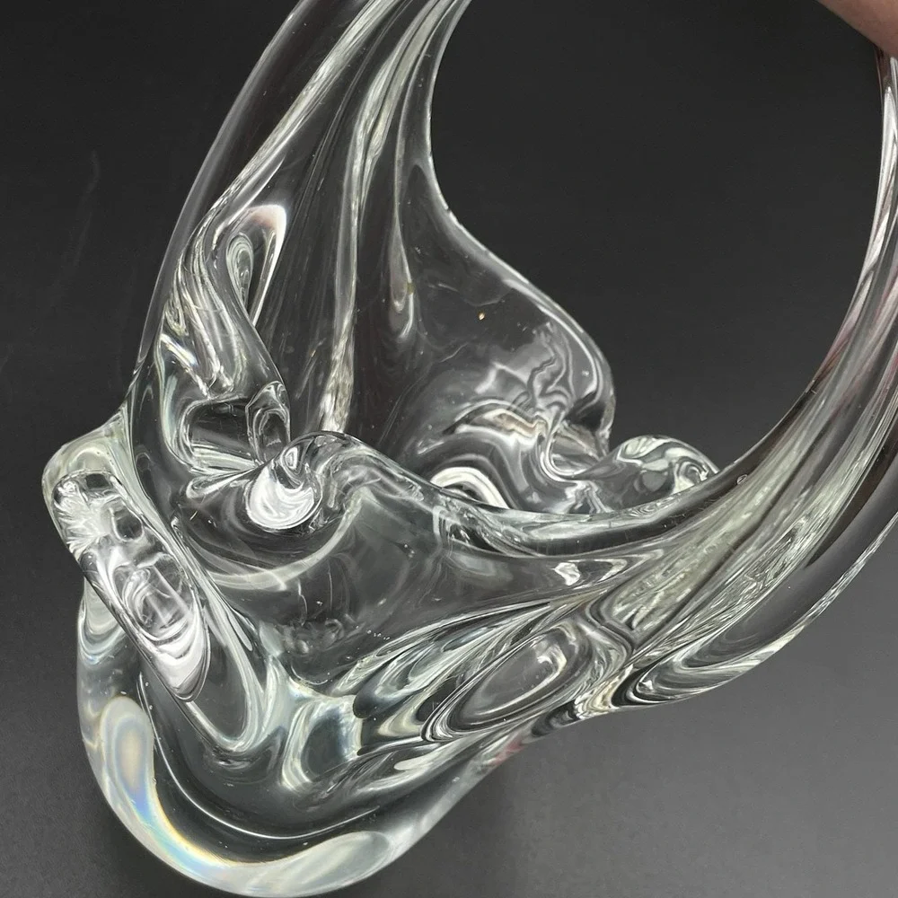 Vintage Hand Blown Art Glass Basket Clear Split Handle Basket Vase‎